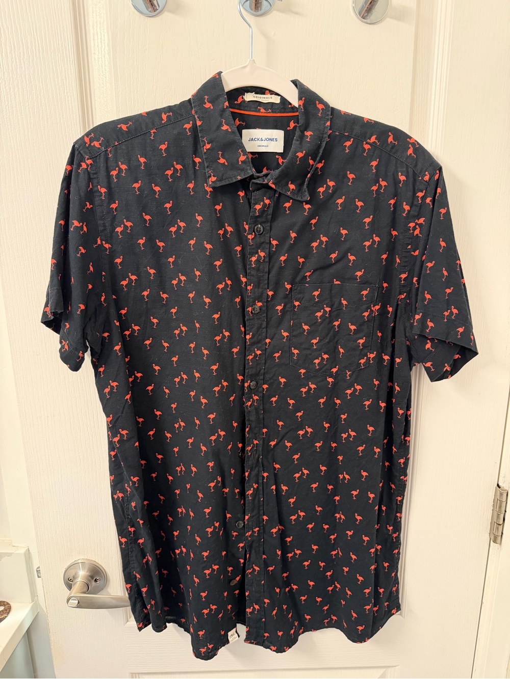 Jack and Jones Black Short-Sleeve Button-Up Shirt with Red Flamingo Print